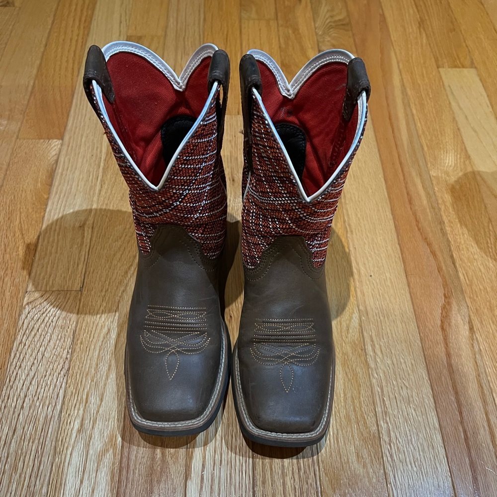 Ariat Fatbaby Square Toe Boots, Brown, Red, Orange & White Stitching Size 7B